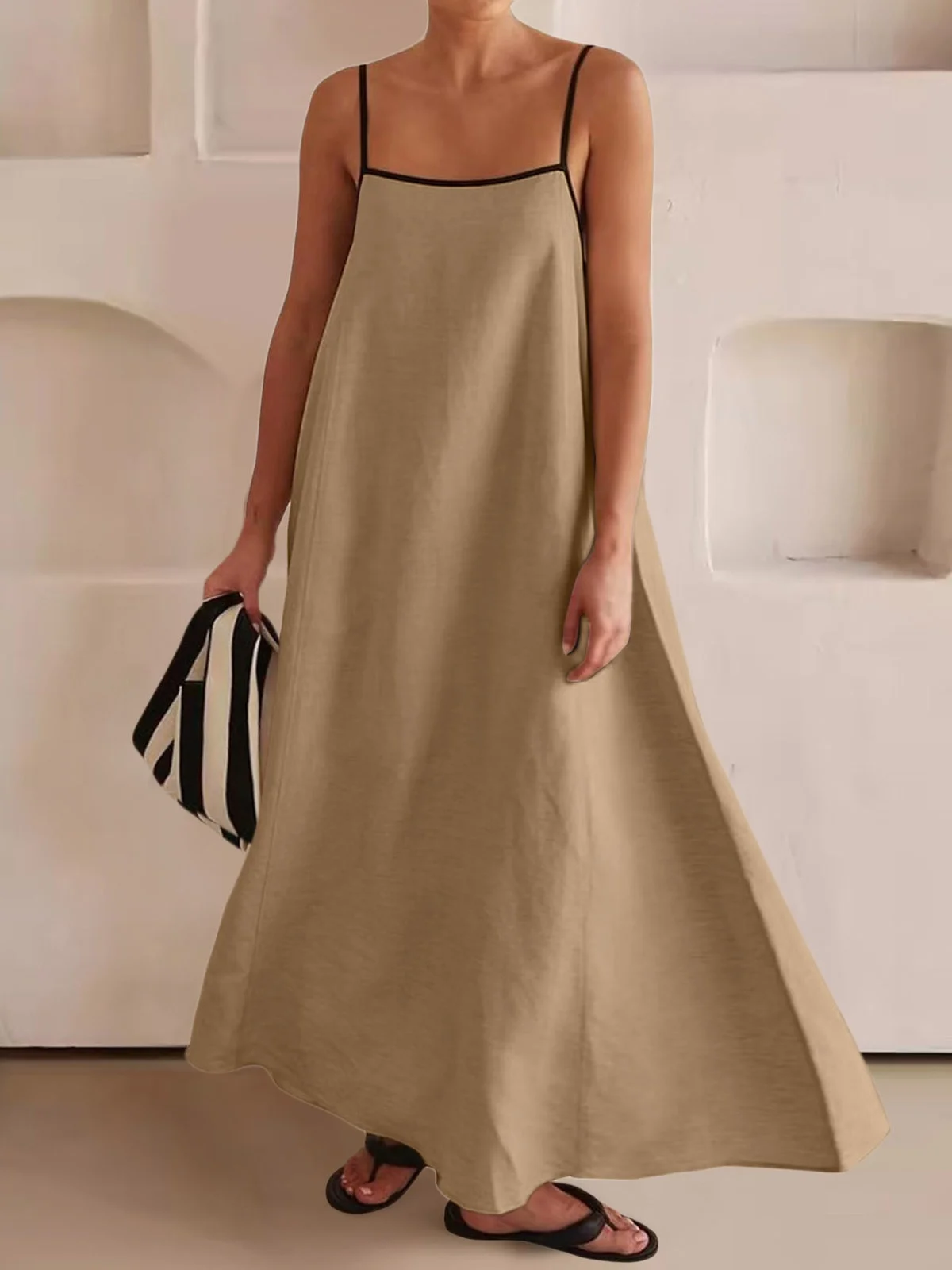 Women Striped Sleeveless Summer Split Joint Dress Square Neck Daily Vintage Maxi Tank A-Line Dress