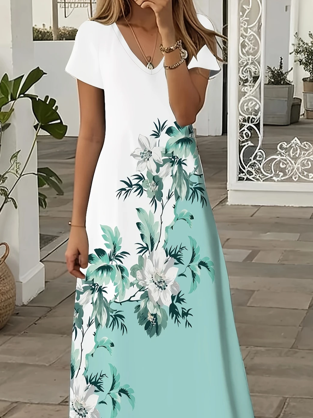 Women Floral Short Sleeve Summer Printing Dress V Neck Daily Casual Maxi X-Line Dress