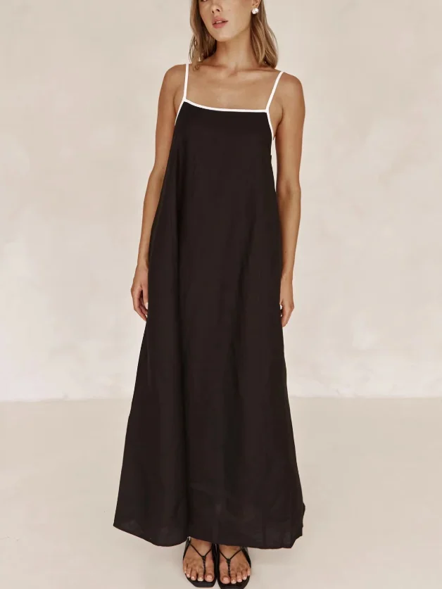Women Striped Sleeveless Summer Split Joint Dress Square Neck Daily Vintage Maxi Tank A-Line Dress