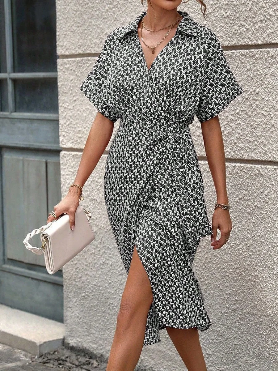 Women Geometric Short Sleeve Summer Printing Dress V Neck Daily Vintage Midi Tank A-Line Dress