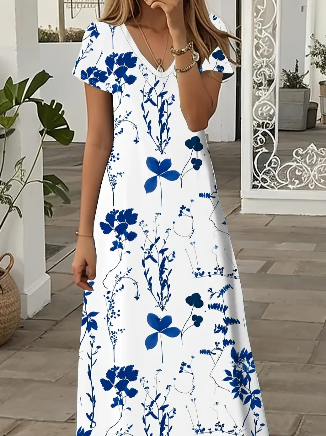Women Floral Short Sleeve Summer Printing Dress V Neck Daily Casual Maxi X-Line Dress