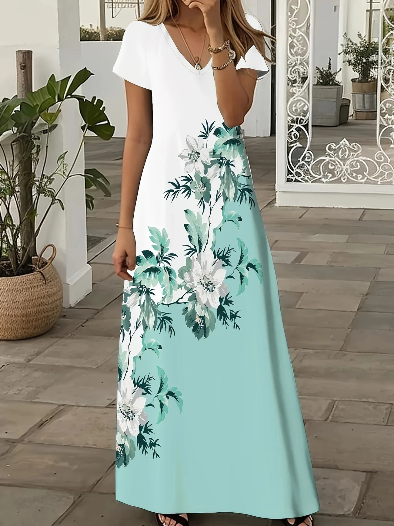 Women Floral Short Sleeve Summer Printing Dress V Neck Daily Casual Maxi X-Line Dress