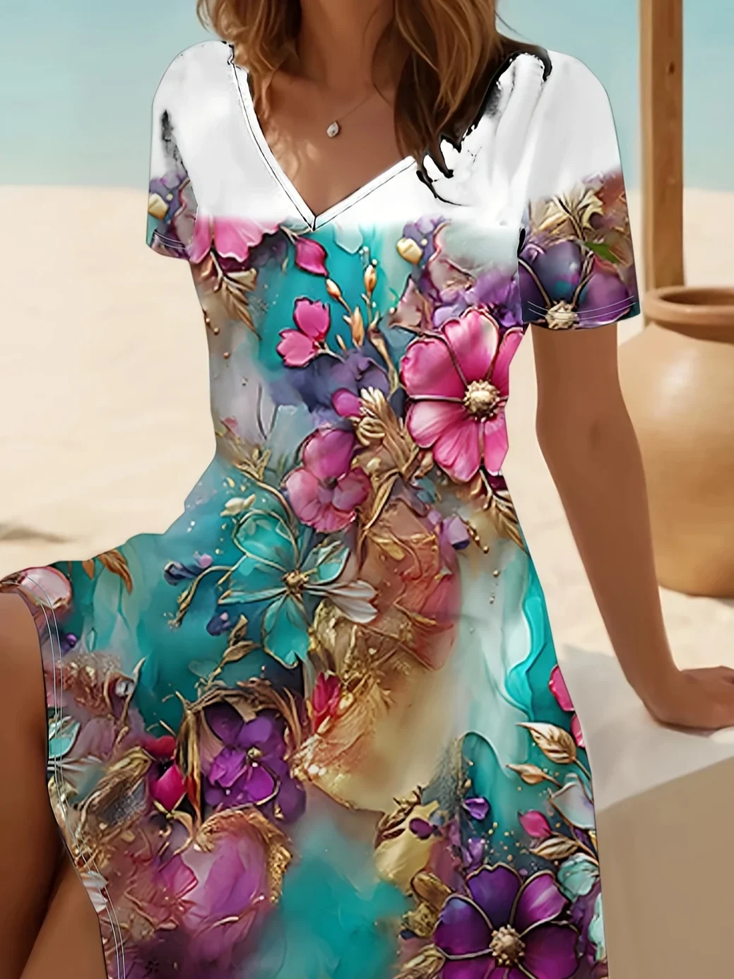 Women Floral Short Sleeve Summer Printing Dress V Neck Daily Casual Midi Fit & Flare Dress A-Line Dress