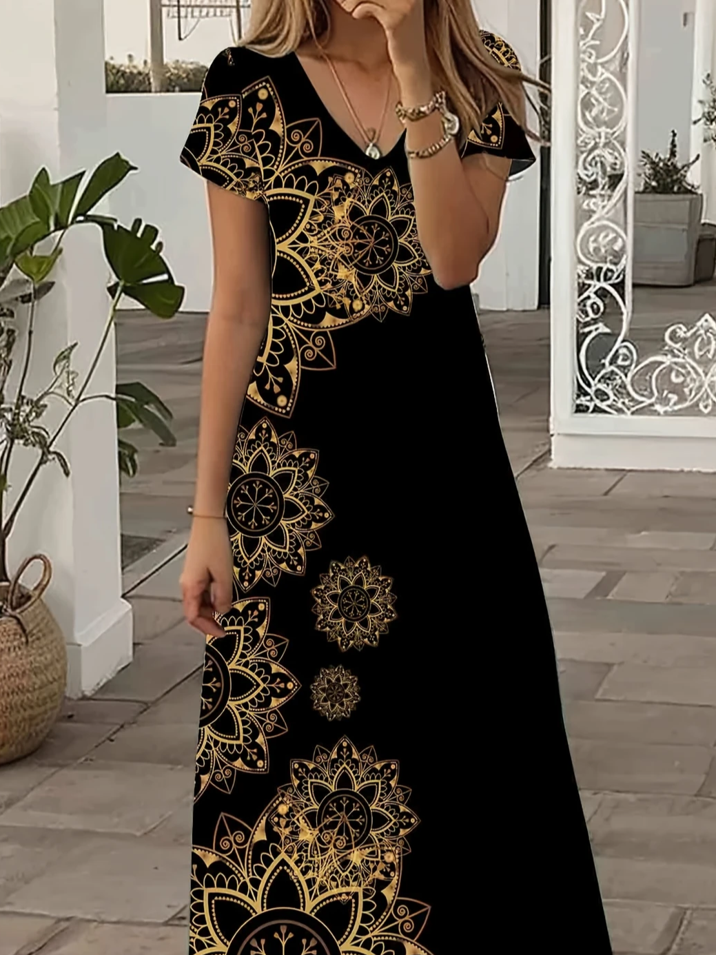 Women Floral Short Sleeve Summer Printing Dress V Neck Daily Casual Maxi X-Line Dress