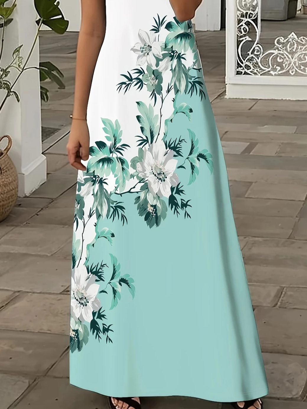 Women Floral Short Sleeve Summer Printing Dress V Neck Daily Casual Maxi X-Line Dress