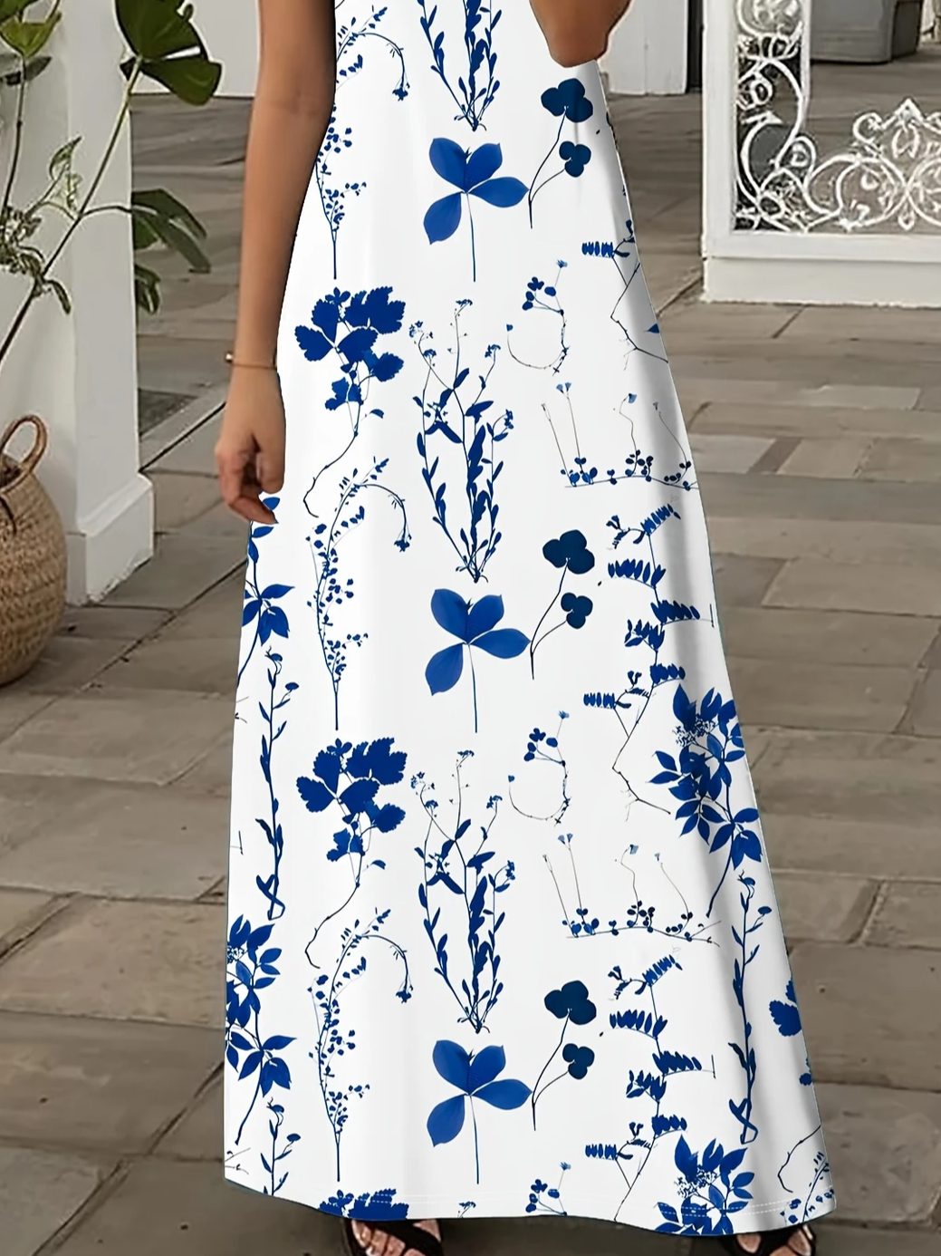 Women Floral Short Sleeve Summer Printing Dress V Neck Daily Casual Maxi X-Line Dress