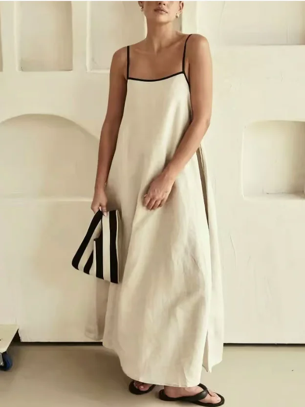 Women Striped Sleeveless Summer Split Joint Dress Square Neck Daily Vintage Maxi Tank A-Line Dress
