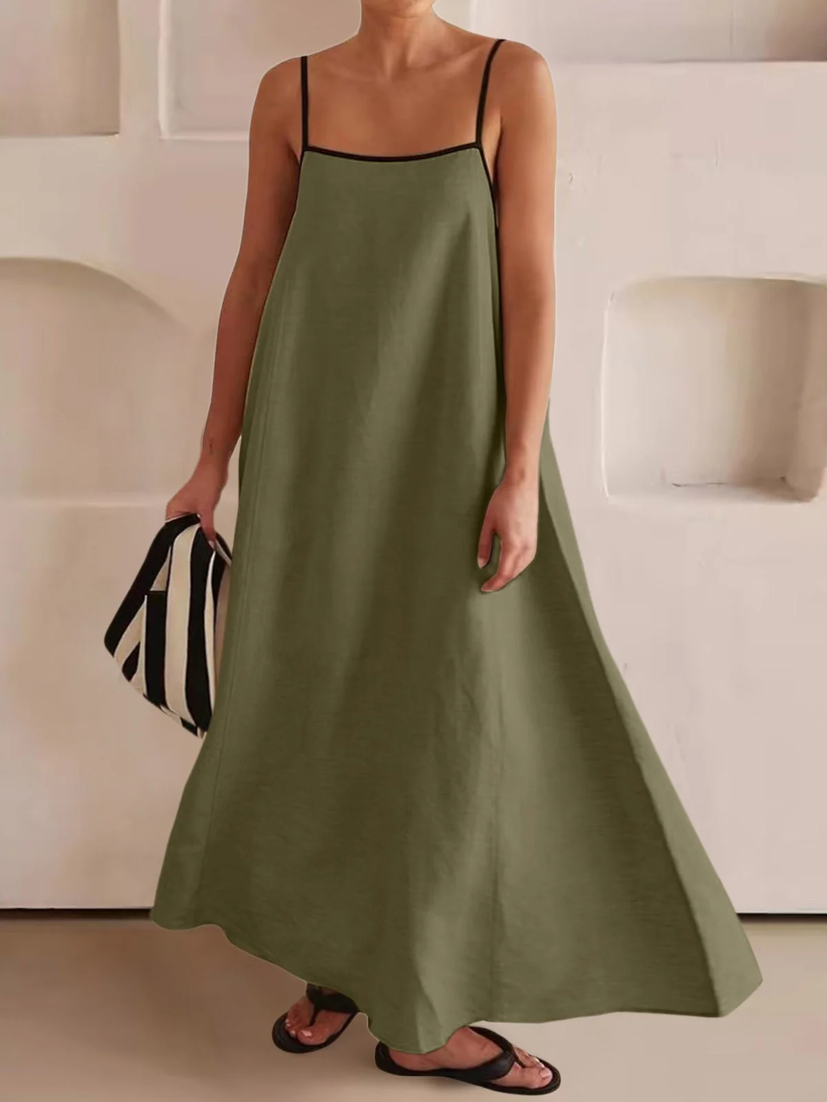 Women Striped Sleeveless Summer Split Joint Dress Square Neck Daily Vintage Maxi Tank A-Line Dress