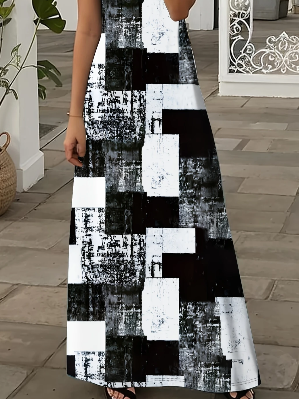 Women Abstract Plaid Short Sleeve Summer Printing Dress V Neck Daily Casual Maxi X-Line Dress