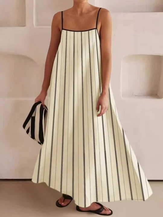 Women Striped Sleeveless Summer Split Joint Dress Square Neck Daily Vintage Maxi Tank A-Line Dress