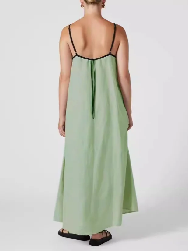 Women Striped Sleeveless Summer Split Joint Dress Square Neck Daily Vintage Maxi Tank A-Line Dress