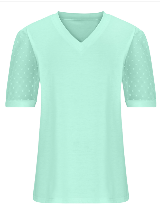 Women Polka Dots Short Sleeve Tee T-shirt V Neck Jacquard Casual Summer Top