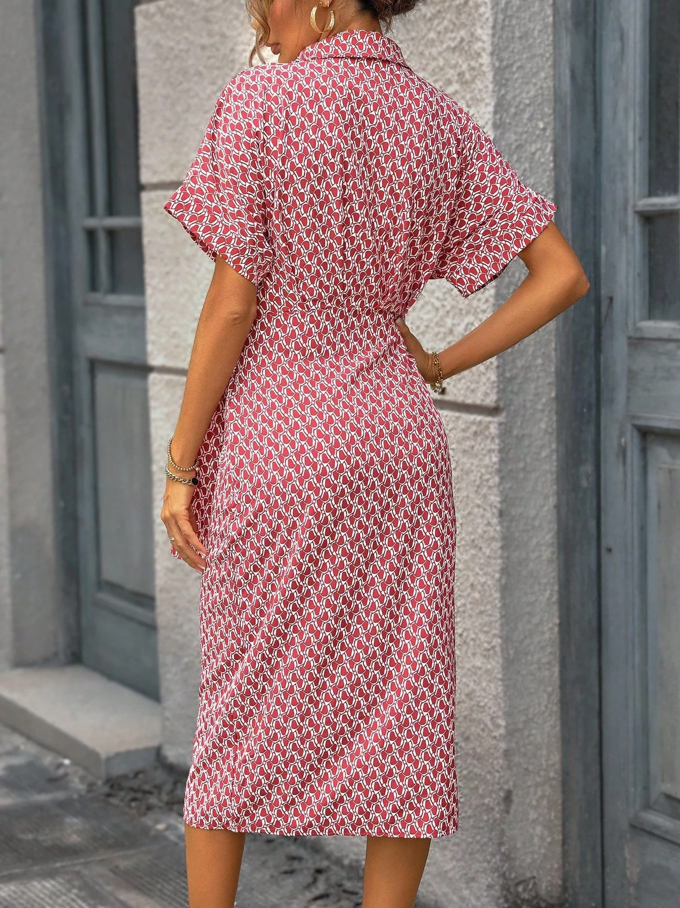 Women Geometric Short Sleeve Summer Printing Dress V Neck Daily Vintage Midi Tank A-Line Dress