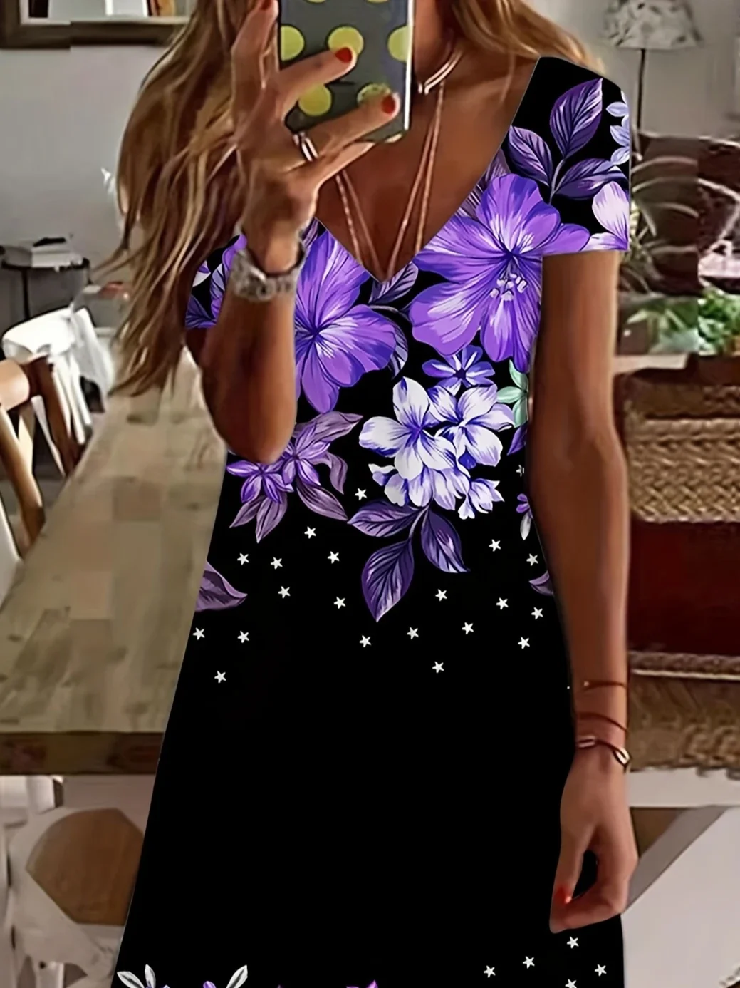 Women Floral Short Sleeve Summer Printing Dress V Neck Daily Casual Midi Fit & Flare Dress A-Line Dress