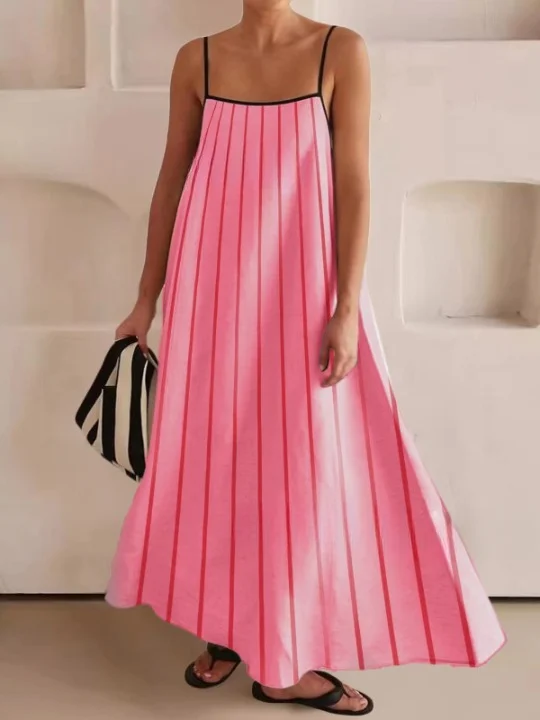 Women Striped Sleeveless Summer Split Joint Dress Square Neck Daily Vintage Maxi Tank A-Line Dress