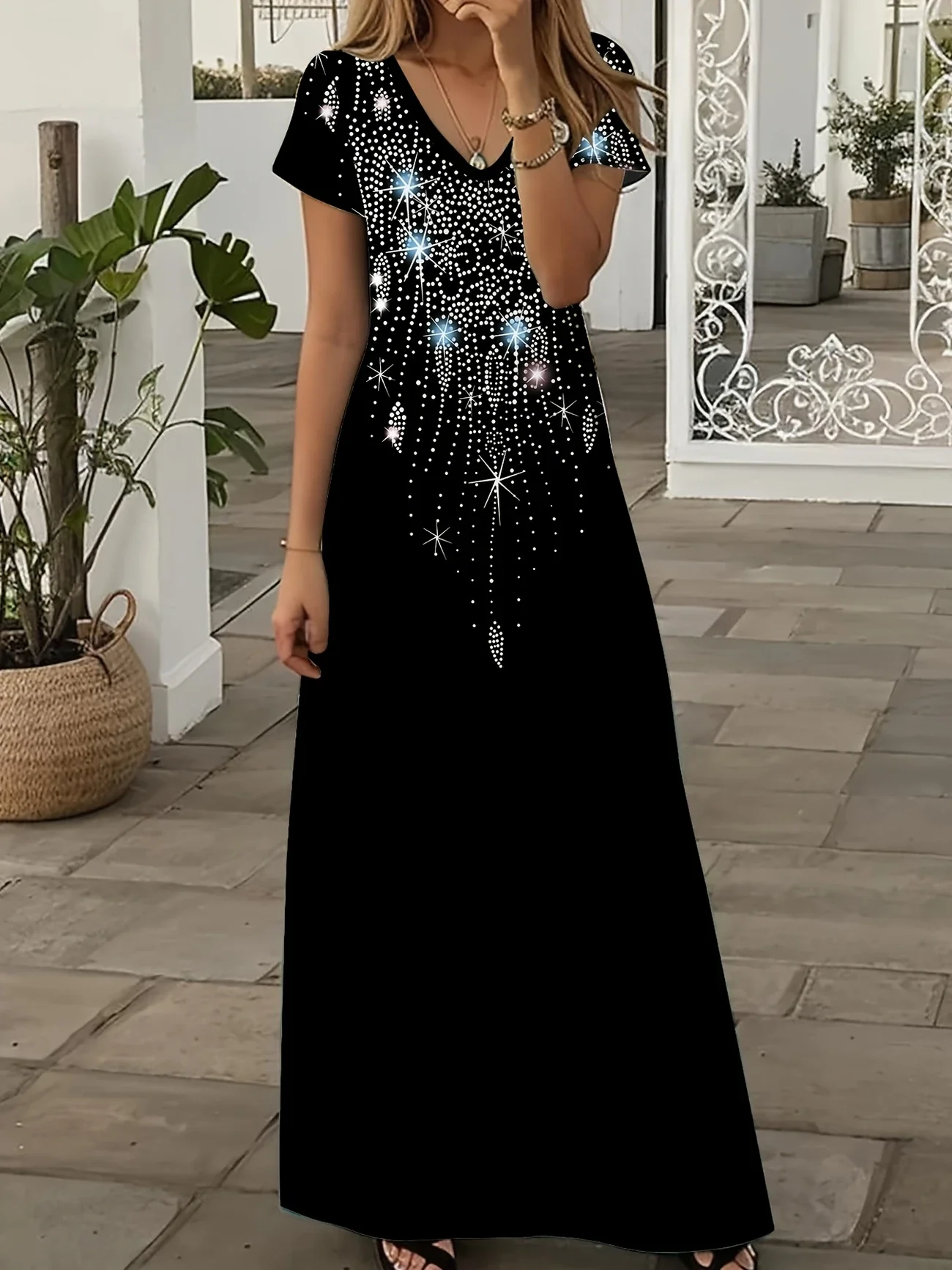 Women Abstract Short Sleeve Summer Printing Dress V Neck Daily Casual Maxi X-Line Dress