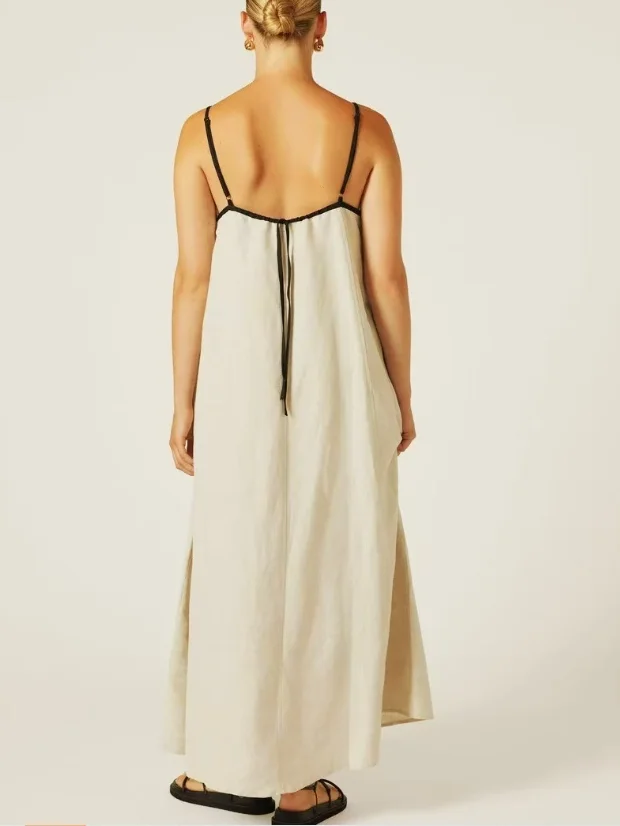 Women Striped Sleeveless Summer Split Joint Dress Square Neck Daily Vintage Maxi Tank A-Line Dress