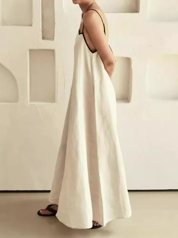 Women Striped Sleeveless Summer Split Joint Dress Square Neck Daily Vintage Maxi Tank A-Line Dress