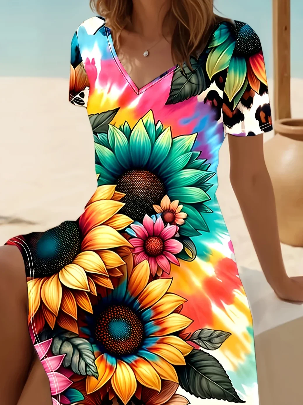 Women Floral Short Sleeve Summer Printing Dress V Neck Daily Casual Midi Fit & Flare Dress A-Line Dress