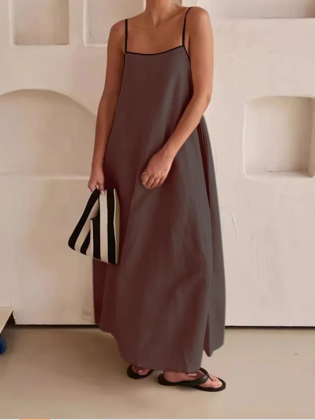 Women Striped Sleeveless Summer Split Joint Dress Square Neck Daily Vintage Maxi Tank A-Line Dress