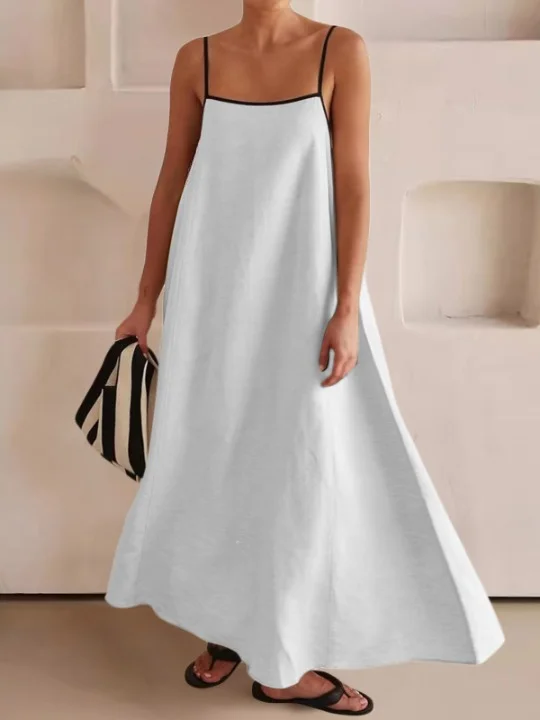 Women Striped Sleeveless Summer Split Joint Dress Square Neck Daily Vintage Maxi Tank A-Line Dress