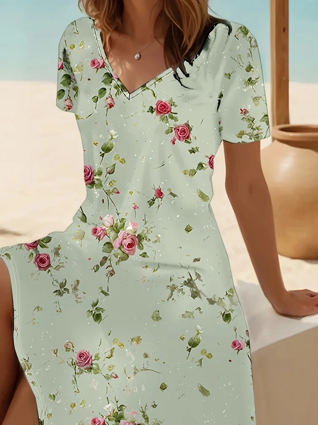Women Floral Short Sleeve Summer Printing Dress V Neck Daily Casual Midi Fit & Flare Dress A-Line Dress