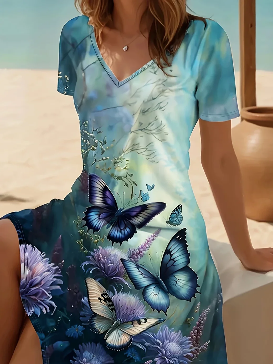 Women Floral Short Sleeve Summer Printing Dress V Neck Daily Casual Midi Fit & Flare Dress A-Line Dress