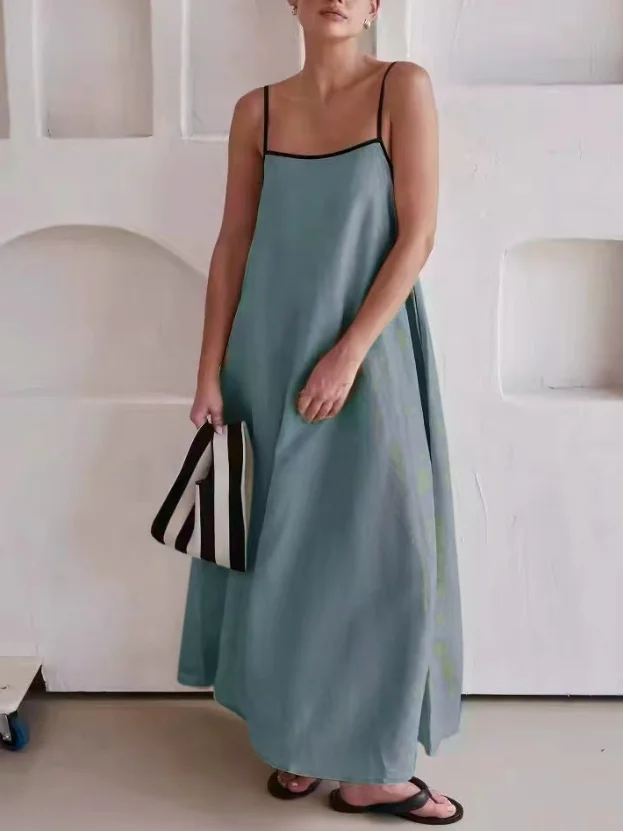 Women Striped Sleeveless Summer Split Joint Dress Square Neck Daily Vintage Maxi Tank A-Line Dress
