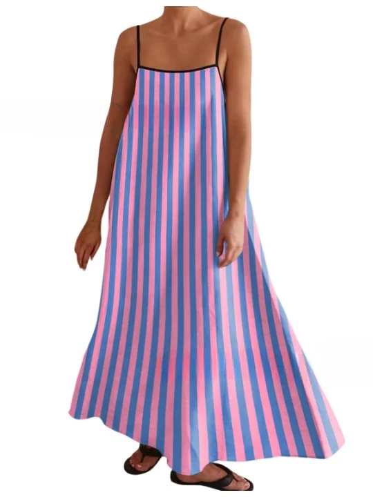 Women Striped Sleeveless Summer Split Joint Dress Square Neck Daily Vintage Maxi Tank A-Line Dress