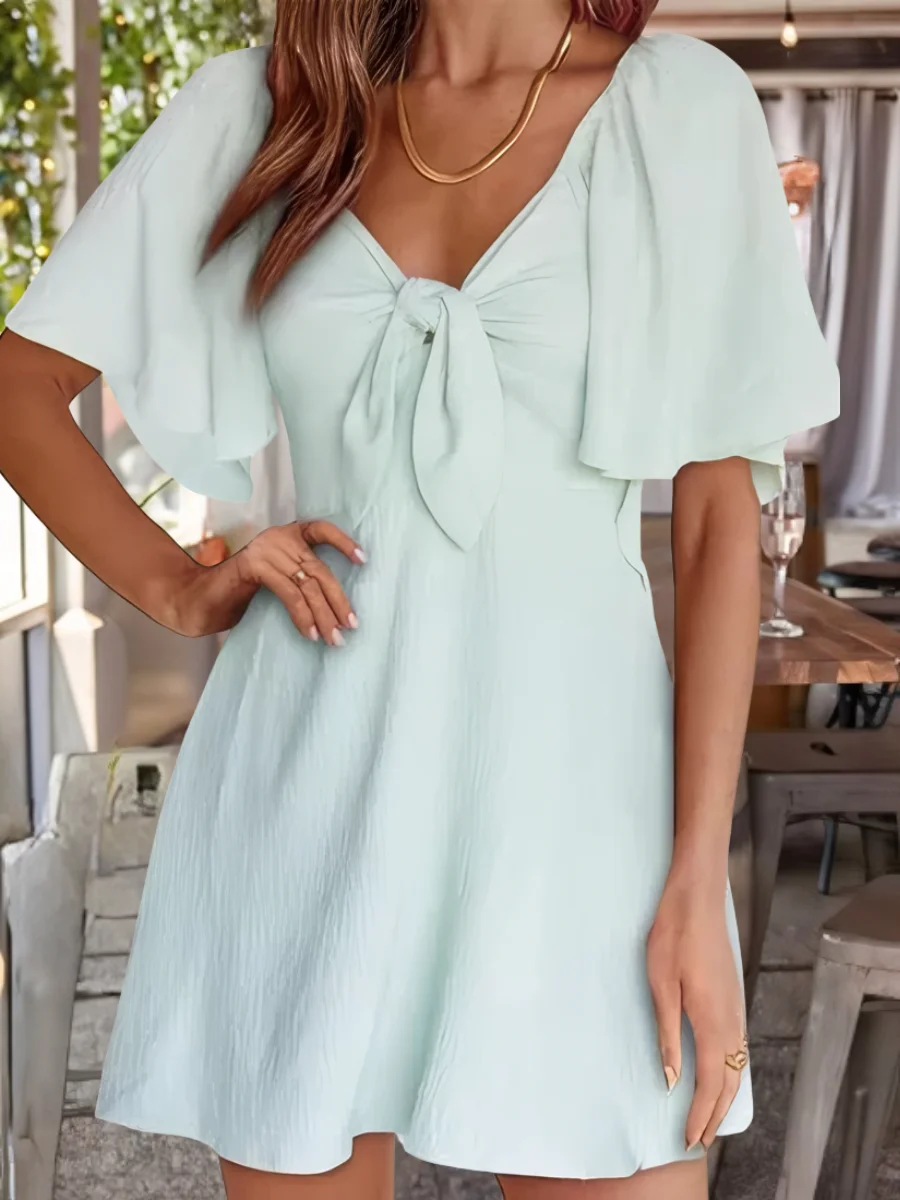 Women Plain Short Sleeve Summer Split Joint Dress V Neck Dolman Sleeve Daily Vintage Midi Ruffle Skirt A-Line Dress