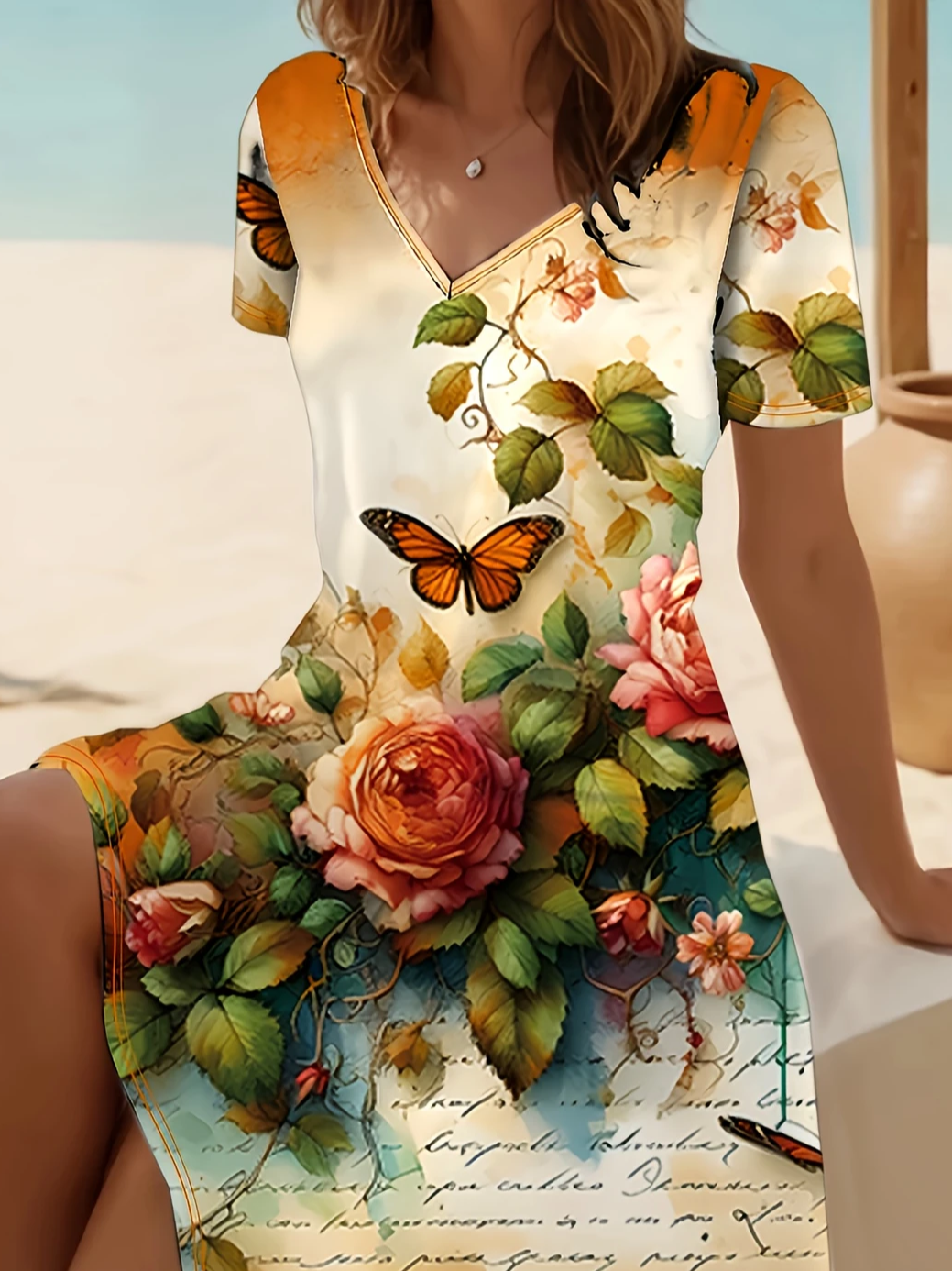 Women Floral Short Sleeve Summer Printing Dress V Neck Daily Casual Midi Fit & Flare Dress A-Line Dress
