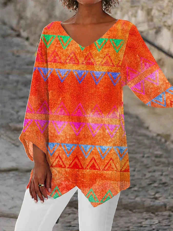 Women Geometric Three Quarter Sleeve Tee T-shirt V Neck Printing Casual Spring/Fall Top