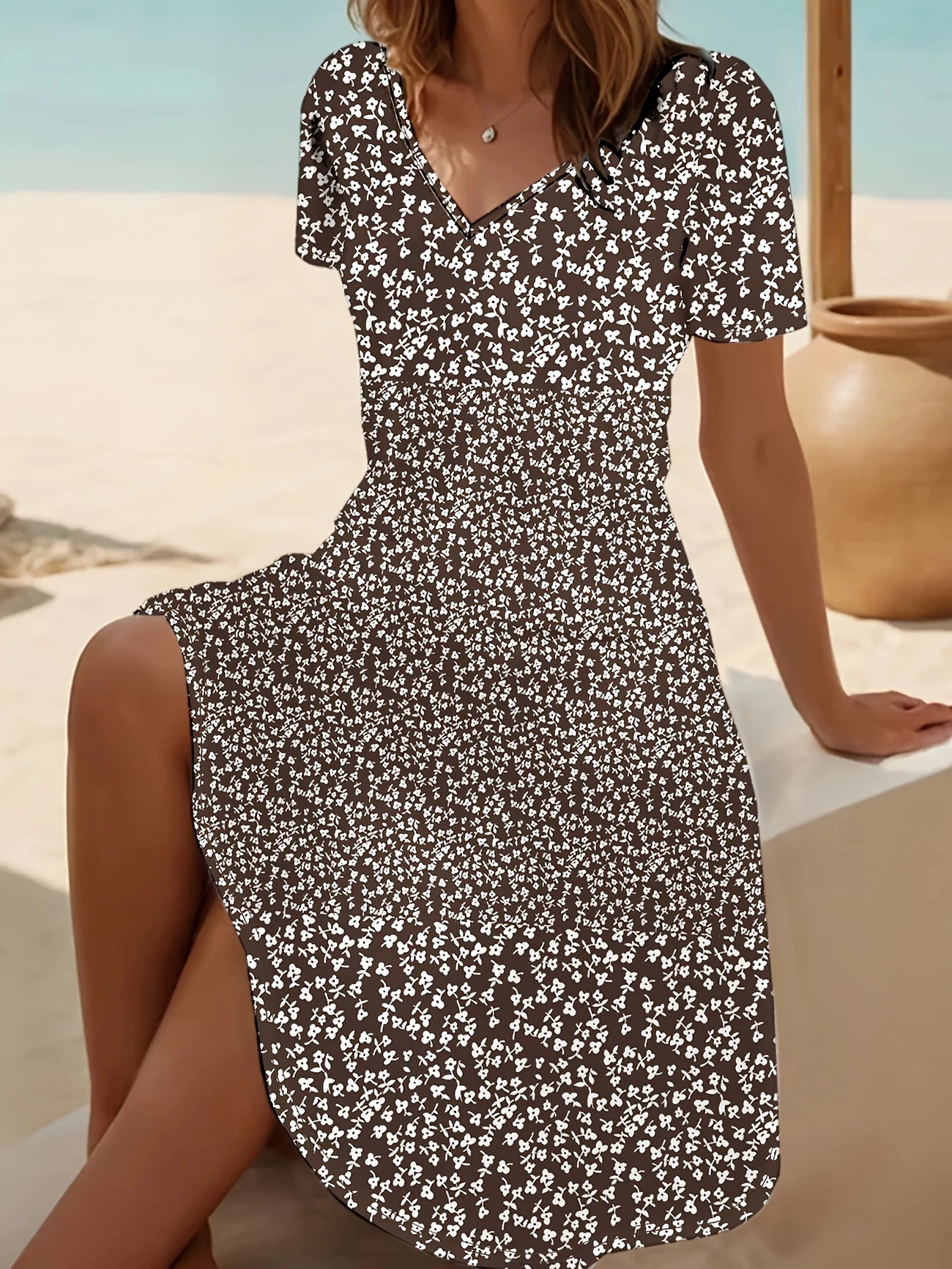 Women Floral Short Sleeve Summer Printing Dress V Neck Daily Casual Midi Fit & Flare Dress A-Line Dress