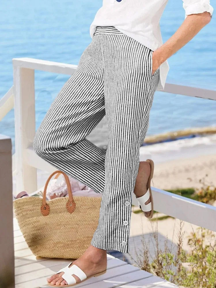 Women Striped Ankle Pants Elastic Waist Pants Casual Spring/Fall Trousers