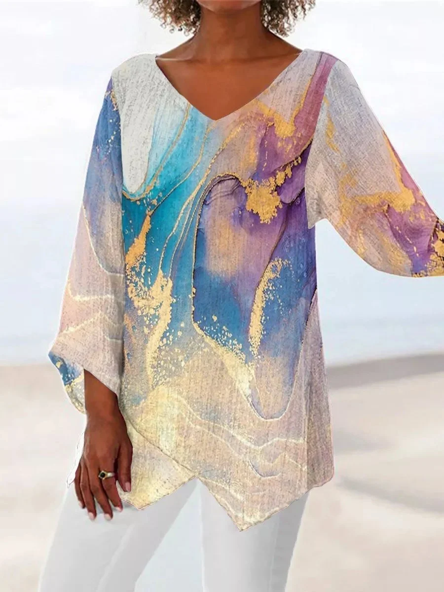 Women Geometric Three Quarter Sleeve Tee T-shirt V Neck Printing Casual Spring/Fall Top