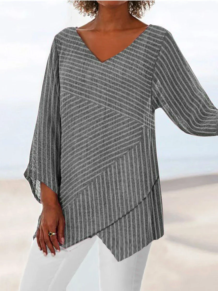Women Geometric Three Quarter Sleeve Tee T-shirt V Neck Printing Casual Spring/Fall Top