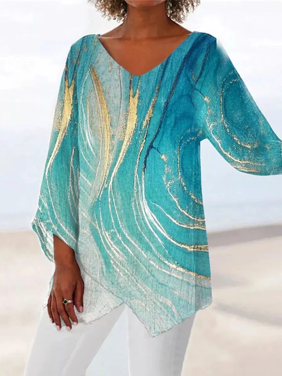Women Geometric Three Quarter Sleeve Tee T-shirt V Neck Printing Casual Spring/Fall Top