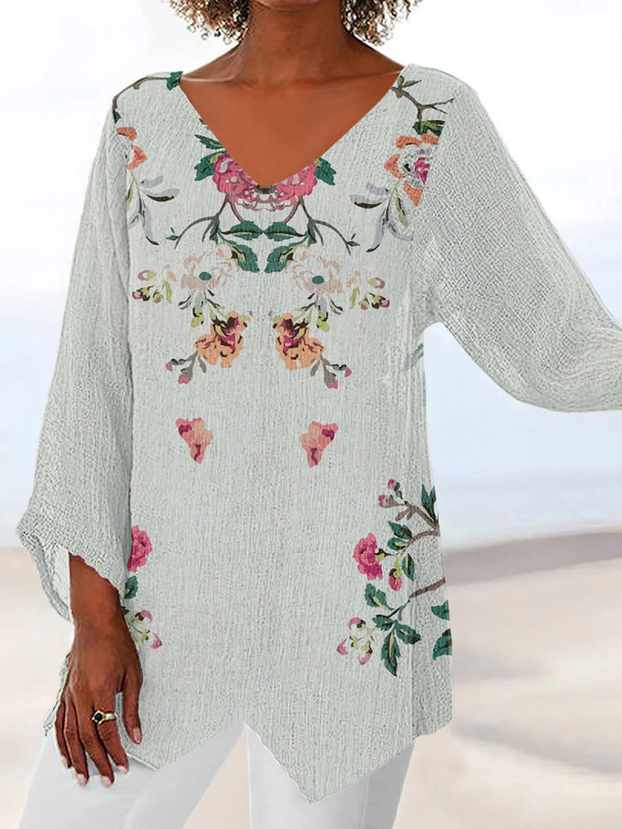 Women Geometric Three Quarter Sleeve Tee T-shirt V Neck Printing Casual Spring/Fall Top