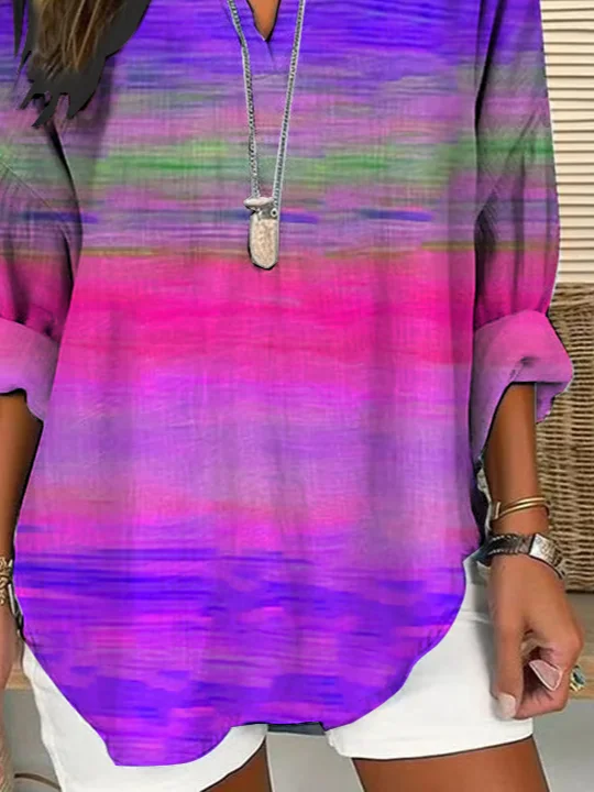 Women Abstract Stripes Long Sleeve Blouse Spring/Fall Printing V Neck Daily Casual Top