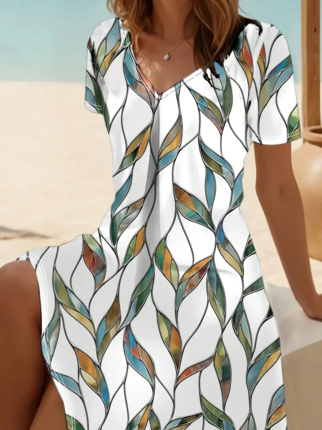 Women Leaf Short Sleeve Summer Printing Dress V Neck Daily Casual Midi Fit & Flare Dress A-Line Dress