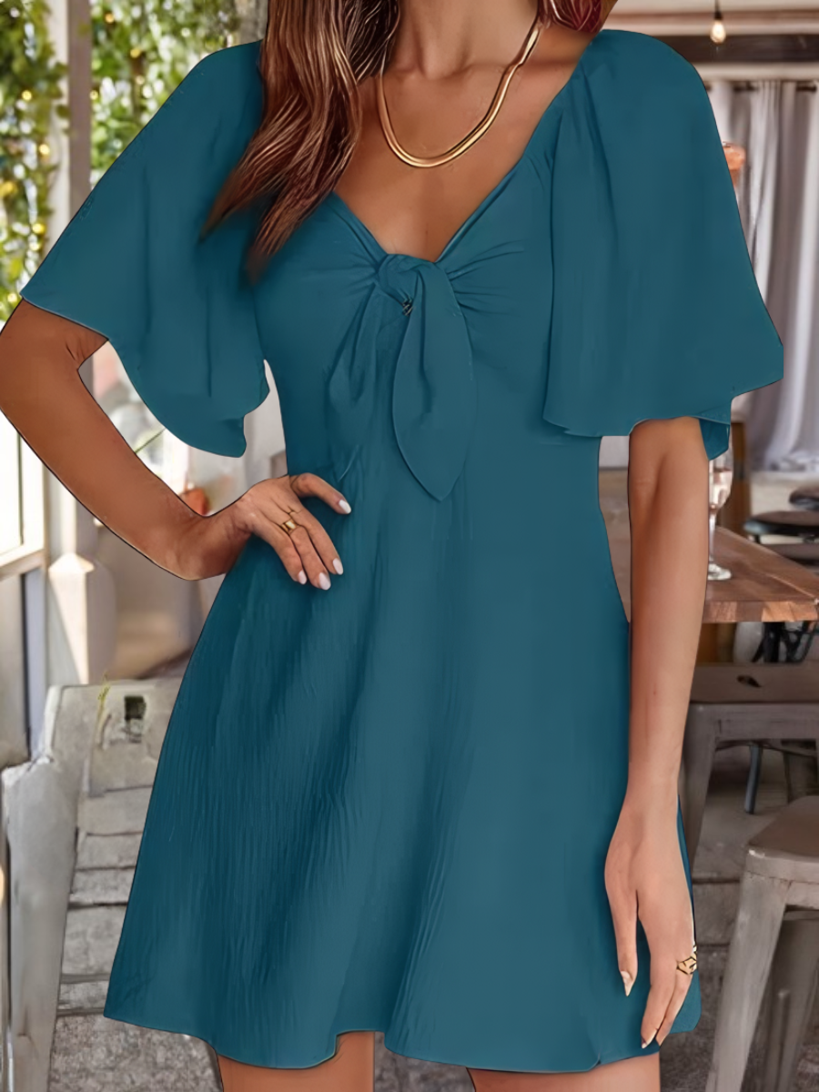 Women Plain Short Sleeve Summer Split Joint Dress V Neck Dolman Sleeve Daily Vintage Midi Ruffle Skirt A-Line Dress