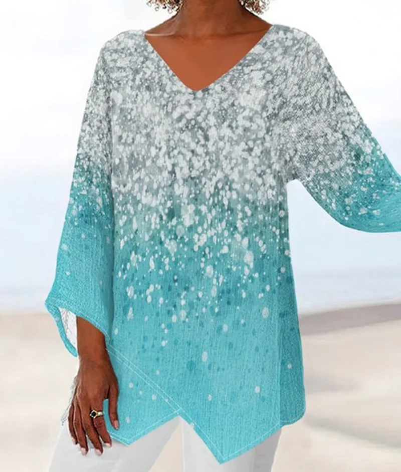Women Geometric Three Quarter Sleeve Tee T-shirt V Neck Printing Casual Spring/Fall Top