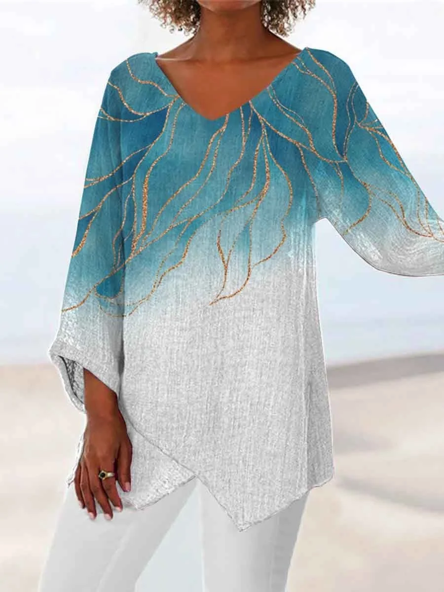 Women Geometric Three Quarter Sleeve Tee T-shirt V Neck Printing Casual Spring/Fall Top