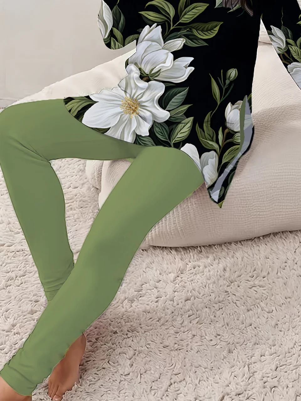 Women Floral Printing Two-Piece Set Daily Long Sleeve Casual Spring/Fall Top With Pants Matching Set