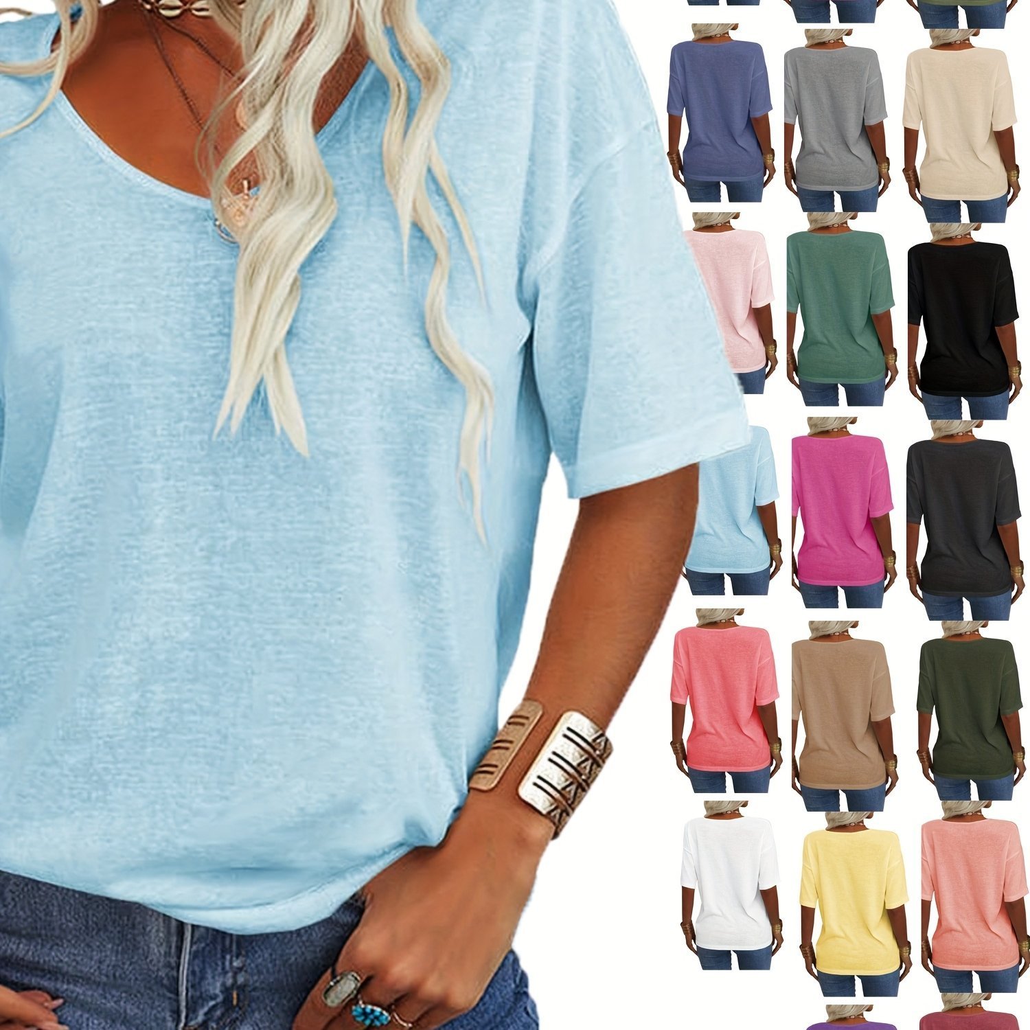 Women Plain Short Sleeve Tee T-shirt V Neck Casual Summer Top