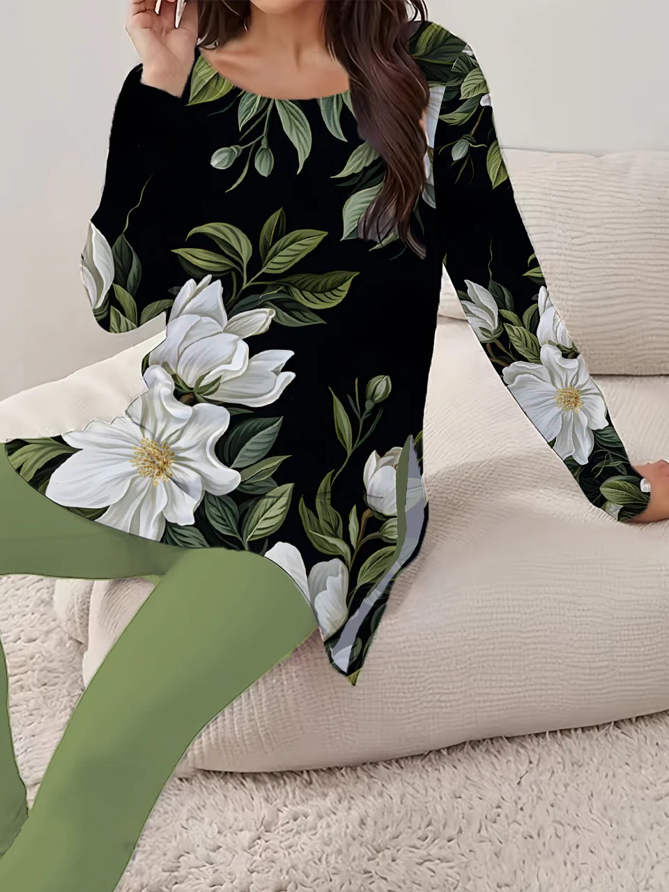 Women Floral Printing Two-Piece Set Daily Long Sleeve Casual Spring/Fall Top With Pants Matching Set