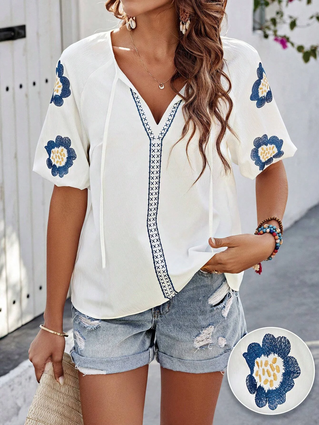 Women Floral Half Sleeve Shirt Summer Embroidery V Neck Daily Casual Top