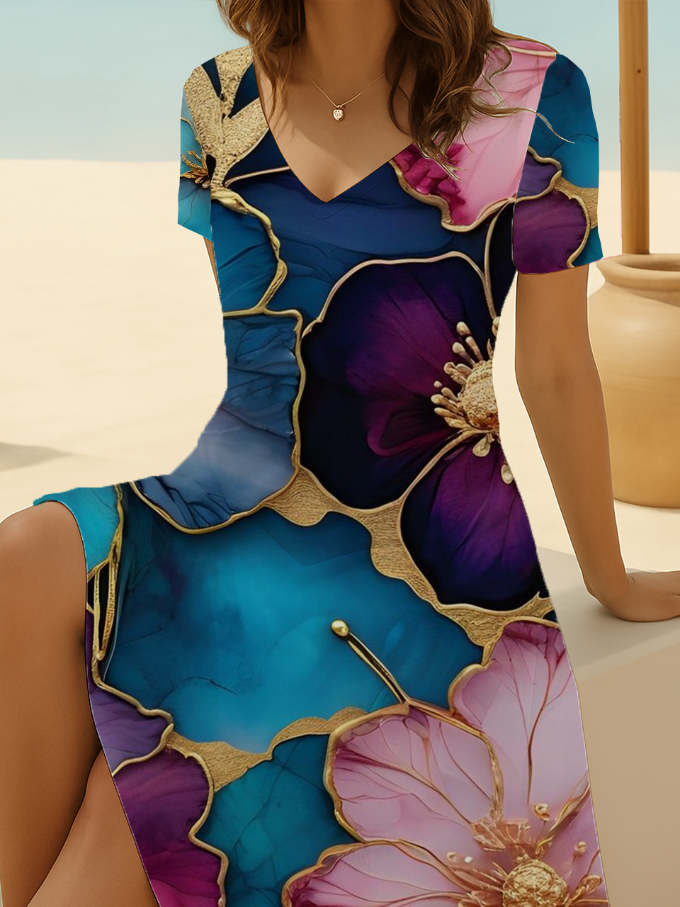 Women Floral Short Sleeve Summer Printing Dress V Neck Daily Casual Midi Fit & Flare Dress A-Line Dress