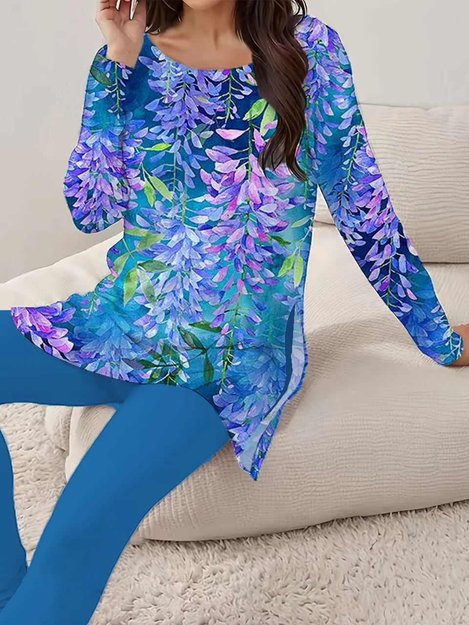 Women Floral Printing Two-Piece Set Daily Long Sleeve Casual Spring/Fall Top With Pants Matching Set