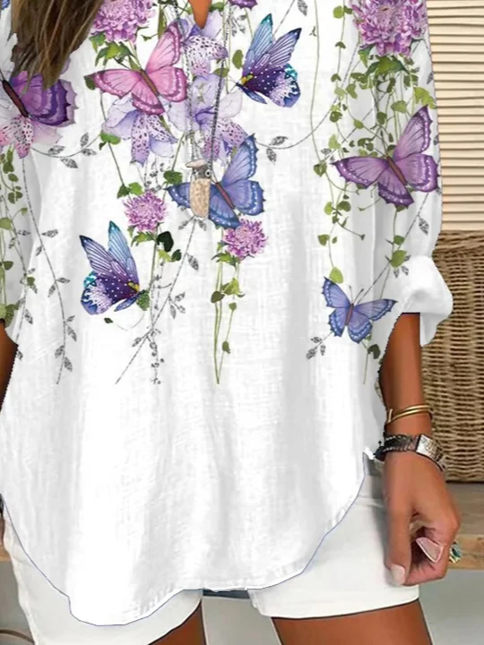 Women Floral Long Sleeve Blouse Spring/Fall Printing V Neck Daily Casual Top